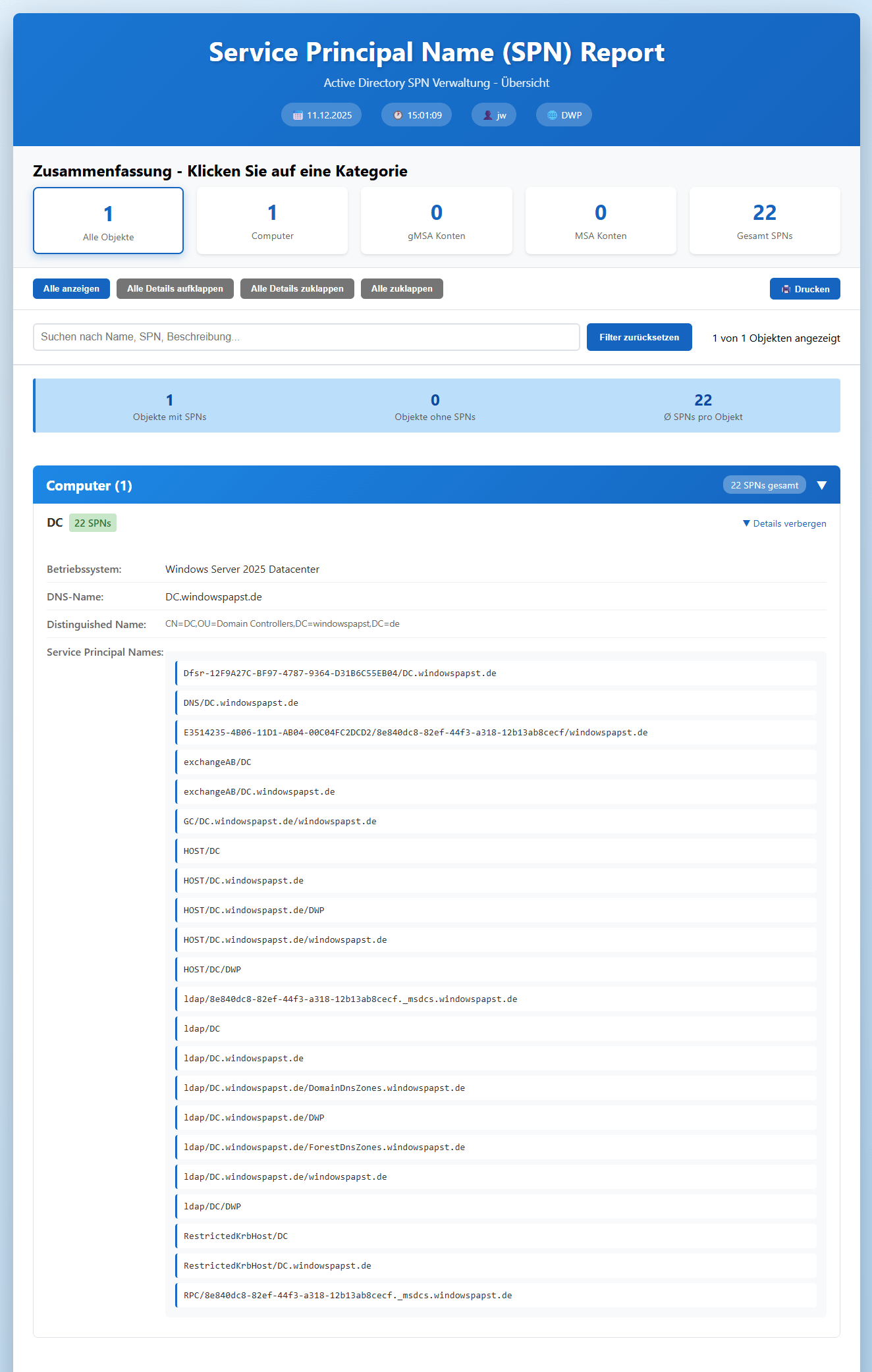 Service Principal Name Report